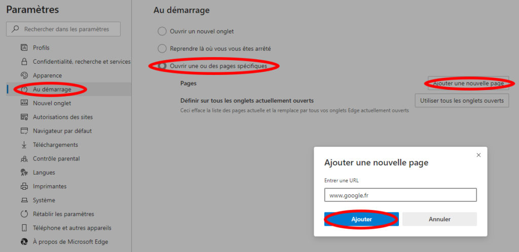 Changer la page de démarrage